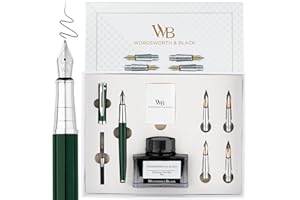 WORDSWORTH & BLACK Wordsworth y Negro Juego de Regalo de Pluma Estilográfica, Incluye Botella de Tinta, Cartuchos, Convertidor de Recarga, Puntas de Repuesto, Paquete Premium, Diario [Cromo Verde]