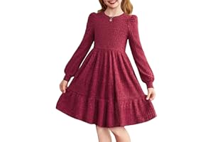Arshiner Vestido Niña Elegante de Punto Acanalado con Manga Larga y Mangas Abullonadas, Vestidos de Fiesta y Ceremonia, Cuello Redondo, Vestidos Casual A-Line Sólido, 6-14 Años