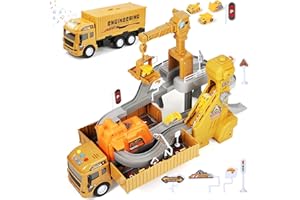 MOONTOY Pista da Costruzione 4 in 1 con Camion, Gru e Nastro Trasportatore – Set Veicoli da Cantiere con Bulldozer e Camion Ribaltabile – Giocattolo Educativo per Bambini 3-7 Anni