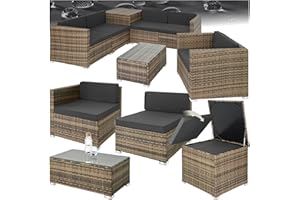 ‎TECTAKE tectake Polyrattan Sitzgruppe mit Aufbewahrungsbox für Polster, Tisch mit Glasplatte, frei zu gruppierendes Gartenmöbel Set, Rattan Lounge für den Garten – Balkonmöbel, Balkonmöbel Kleiner Balkon