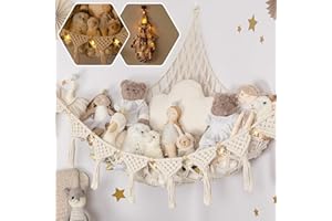 JanYoo Spielzeug Aufbewahrungs Kuscheltier,Großformat Aufbewahrung Netz Kinderzimmer Hängend Spielzeug Organizer Boho Makramee Stofftier Hängematte mit LED-Lichterkette für Kuscheltiere, Weiß