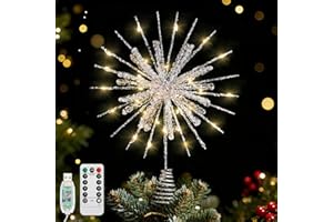 ‎LEWONDR Lewondr Weihnachten Schneeflocken Baumspitze, Weihnachtsbaum Dekoration für Haus Party, 12,2 Zoll Weihnachtsbaumspitze mit Glitzerndem Epoxidharz und 30 LED-Birnen, 6H Timer & 8 Modi, Silber
