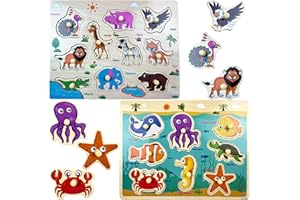 FIBOGOUP 2 Pack Holztier-Lernpuzzles für Kinder,Steckpuzzle Greifpuzzle für Kinder,Lassen Sie Kinder spielerisch Englisch Lernen,Montessori Lernspielzeug für 1 2 3 Jahre,Geschenk für Mädchen & Jungen