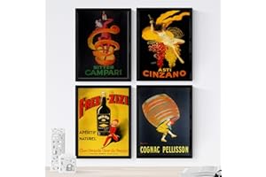 Nacnic posters vintage. Posters with old advertisements. Four vintage posters of alcoholic beverages. Campari, Cinzano, Cognac. A4 size with frame