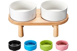 MOPANG Raised Dog Bowl for Small Breeds, Ceramic Dog Bowl with Wooden Stand, Feeding Bowl and Water Bowl Set for Cats and Dogs, Raised Cat Bowl, 400 ml, Ivory White