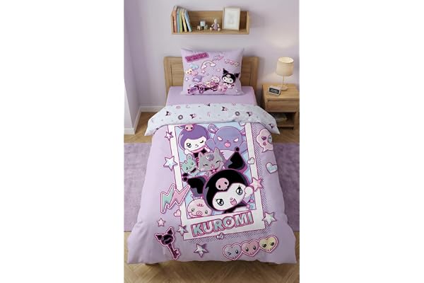 Kuromi Enkelsäng Påslakan 140x200 + Örngott 70x90 Ultramjuk Lila Rosa Barn | Vändbart sängset | Ultramjuk mikrofiber snabbtorkande Oeko-Tex | Kuromi i klistermärkesscener