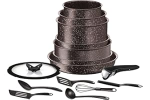 Tefal Ingenio Batterie de cuisine 15 pièces, Induction, Revêtement antiadhésif, Poêle, Casserole, Sauteuse, Couvercle, Fabriqué en France, Extrême effet pierre L6789102, Marron, 28.5 x 32.5 x 32.5 cm
