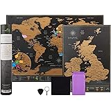 Scratch Off World Map A3 Travel Size (42 x 29.7cm) + BONUS A4 UK Map - with Accessories Kit and Gift Tube - Deluxe Cartographic design by Atlas&Green