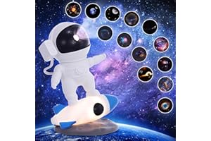 Horett Proyector Estrellas, Astronauta Proyector Galaxy 360° Rotación con 12 Discos de Película Galaxia 4K HD, Luz Nocturna Infantil Temporizador, los Mejores Regalos para Bebe Niños y Adultos