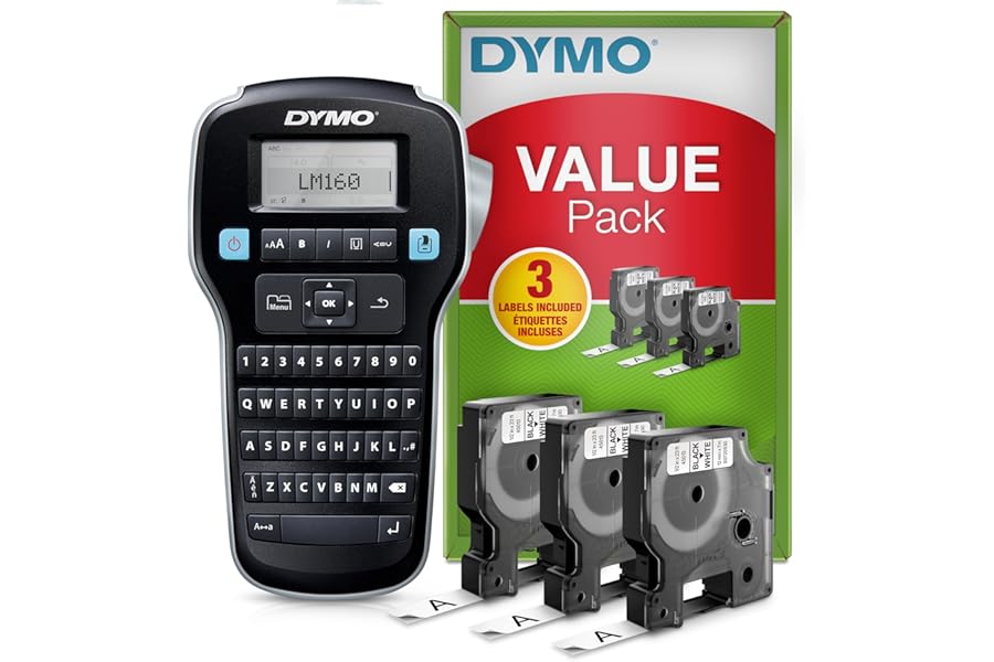 DYMO LabelManager 160 Label Maker Starter Kit with 3 Rolls of D1 Label Tape | Handheld Label Printer Machine | QWERTY Keyboard | Ideal for Office or Home