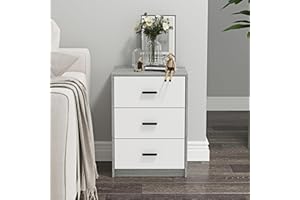 URBNLIVING 3 Drawer Wooden Bedroom Bedside Cabinet (Ash Grey Oak Carcass + White Drawers)