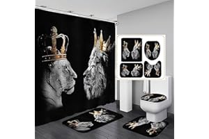 SKAILIÉ 4PCS Black Lion Couple with Gold Crown Shower Curtain Set, Jungle Safari Wildlife African Wild Animal Bathroom Decor, Waterproof Fabric Bath Curtain, Non-slip Bath Mat Toilet Rug, Queen & King