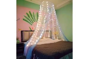 Eimilaly Ciel de lit Bicolore moustiquaire Blanc Bleu avec lumières Chaudes, Ciel de lit pour Fille décoration de Chambre, Porte Unique