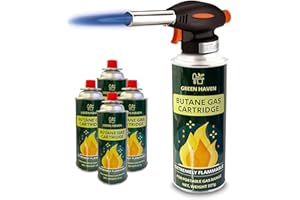 GREEN HAVEN Kitchen Blow Torch – Refillable Torch with Safety Lock & Adjustable Flame | Fit All Butane Tanks for Desserts, Creme Brulee, BBQ, Baking (Blow Torch + 4 Gas)