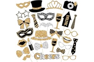 PANYI 30 Stücke Fotobox Accessoires，Deko Schwarz Gold Party Deko，New Year Decoration 2023 Geburtstagsparty Deko Fotorequisiten Hochzeit DIY Photo Props Kit