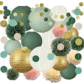 Set of 23 Sage Green and Gold Paper Lanterns | Round Paper Lanterns for Bride Wedding Decoration Birthday Party Garden Party