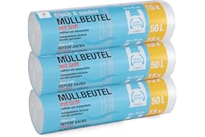 SUNMONDO 45 sacchetti della spazzatura della linea di alta qualità: 50 litri, confezione da 3 pezzi, dimensioni: 60 x 70 cm. Particolarmente resistenti agli strappi e impermeabili, con manico.