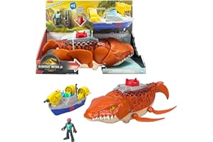 Fisher-Price Imaginext Jurassic World: Die Wiedergeburt Wasserjäger-Mosasaurus als ca. 45 cm großes Dinosaurier-Spielzeug mit ca. 7 cm großer Actionfigur, mit Boot und zwei Projektilen, JFR23