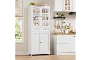 HOCSOK Szafka kuchenna, 180 cm, szafka bufetowa z 2 szklanymi drzwiami, wysoka szafka z 4 drzwiami i 2 szufladami, uniwersalna szafka do kuchni, jadalni, salonu, biała