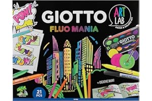 Giotto Art Lab, Set Creativo Fluo Mania con Papel, Rotuladores, Acuarelas, Lápices de colores y accesorios, 21 piezas