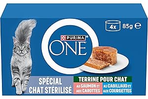 PURINA ONE | Terrines pour Chat Stérilisé | Aide à maintenir un système immunitaire sain, soutenir l'équilibre du microbiome intestinal et à contrôler le poids | Saumon et Cabillaud |Boîtes | 4 x 85 g