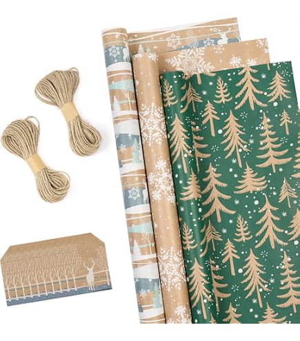 Carta da regalo natalizia, rotolo di carta da regalo a forma di albero di Natale verde, carta da regalo natalizia con motivi boschivi per regali, set di decorazioni natalizie invernali