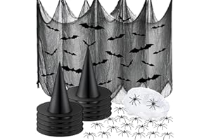 FFTANXS Halloween Deko Horror Stoff,200 X 100 cm Schwarzer Stoff Horror deko,mit 60 g Spinnenbaumwolle,20 Spinnen,24 Fledermäuse,10 Hüte,Stoff Schwarz Meterware Gaze Tuch Halloween Dekor für Spukhäuser Party