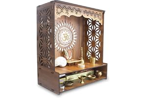 Heartily® Shree vacker Pooja-stativ i trä för hemmet och kontoret, Puja Mandir för hem- och kontorsvägg med LED-spotljusprodukt (H- 18, L- 16, W-8,75 tum)