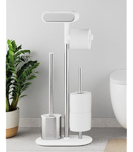 Relaxdays WC-Garnitur Stand – WC-Bürste Mit Halter & Toilettenpapierhalter, Weiß/chrom, 71x20x20 Cm