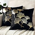JOTOM Pack of 2 Cushion Covers 45x45cm Cozy Velvet Decor Throw Pillow Covers Gold Ginkgo Leaves Bronzing Decorative Pillow Cases Cushion Cover for Couch Bedroom Living Room Sofa Car Home Decor (Black)
