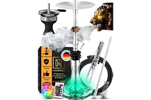 M. ROSENFELD Shisha Set komplett – rostfritt stål med unikt Air Flow genom 3 ädla varghuvuden av koppar – kvalitetstillbehör + LED-ljus underlägg med fjärrkontroll – 85 cm bas