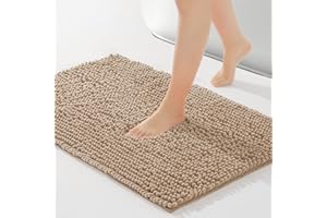 ROSMARUS Chenille Bath Mat Non-Slip Super Absorbent Bathroom Mat 80X50cm,Washable Soft Fluffy Bathroom Rug,Microfiber Shower Mat Shaggy Rug for Bathroom,Beige