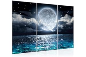 Runa Art Luna Llena Mar Cuadro Decorativo para Sala XXL Azul Cielo Nocturno Luna 120 x 80 cm 3 Piezas Decoración de Pared 025331a