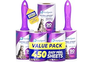 PetLovers Rullo per Pelucchi Extra Adesivo Mega Value Set da 450 fogli per la Rimozione di Peli di Animali e Vestiti, per Cani e Gatti, Confezione da 5 Viola