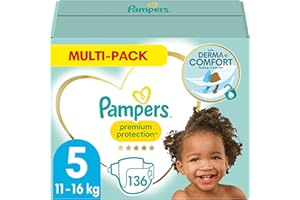 Pampers Couches Taille 5 (11-16 kg), Premium Protection, 136 Couches Bébé, Multi Pack, Notre N°1 Pour La Protection Des Peaux Sensibles