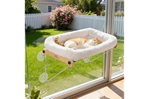 HONEYGUARIDAN HONEYGUARDIAN Cama Gatos Ventana, Hamaca Gato Ventana de Madera con Ventosa Fuerte, Amaca Camita para Gato, Cama Colgante para Gatos Soporta hasta 18kg con Lavable & Reversible Cojín, 56 x 33cm