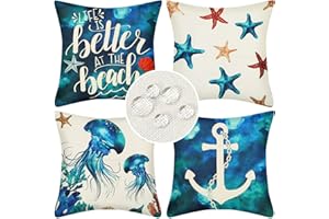 SERENTO Juego de 4 Funda de Cojín Lino 45x45cm Moderno Impermeable Fundas Cojines Cuadrada Decorativos Fundas de Almohada Ancla Océano Estrella de Mar para Exterior Sofá Cama Coche Hogar Balcones Playa