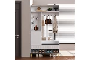 ‎MERAX Merax Flurgarderobe Garderobenschrank Flur, Garderobe mit Sitzbank, Schuhschrank, 4 Haken, Schließfach, 2 Schublade, praktische Lochwand, Garderobenständer für Eingangsbereich, 100×35×180cm, Weiß