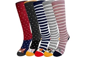 ZFSOCK Chaussette Haute Fille Enfant: Chaussettes Longues au Genou Sans Couture En Coton - Rayées Animaux Colorées Respirantes Pour Filles 2-12 Ans Cadeau Anniversaire Noël 5 Paires Taille 23-38