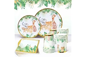 QIFU Assiette Jetable Anniversaire Jungle Animaux, 24 Invités Kit Vaisselle Garcon, Verte Set Assiette Gobelet Et Tissu Carton four Decoration Baby Shower