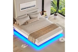 Brinlawb Lit 140x190 cm, Lit 2 Personnes avec des lumières LED, Cadre de lit 140 x 190 avec sommier à Lattes en Bois et Structure en métal, Moderne, Facile à Assembler, Beige (sans Matelas)