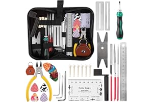 BYZESTY Zestaw naprawczy do gitary, 32 sztuki, zestaw narzędzi do naprawy gitary, akcesoria pielęgnacyjne z korbą strunową, kostki, zestaw do pielęgnacji gitary, ukulele, basu, mandoliny