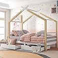 Wooden House Bed With Two Storage Drawers for Kids, Solid Pine Wood Cabin Frame, 3ft Single Tree House Canopy for Boys & Girls, 190x90 cm, Natural+White