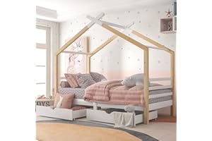 Merax Kids Single Bed Frames Toddler Beds Storage 3FT Single Bed with Storage Solid Pine Wood House Tree Canopy Bed for Children Girls and Boys(Wood)