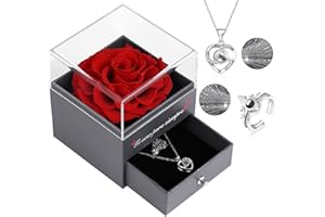 EAPRALA Te Amo para Siempre Regalo Original Mujer,Rosa Preservada Real con Anillo y Collar de Corazón con Te Amo en 100 Idiomas, Rosa Eterna para el Día de San Valentín Aniversario Cumpleaños