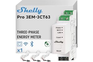Shelly Pro 3EM-3CT63 – WiFi Smart Energimätare 1-fas/3-fas, DIN-skena, Optisk pulsmätning, 63 A Strömtång ingår, Solcellsövervakning, Appstyrning