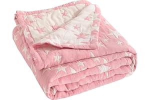 NTBAY 3 Layer Baby Muslin Cotton Toddler Blanket, 76x102 cm Jacquard Reversible Nursery Bed Blanket, Super Soft and Thermal Cot Bed Blanket for All Seasons, Baby Gift, 76x102 cm, Pink White Star