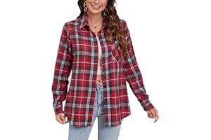 Stamain Womens Flannel Checked Shirts Casual Long Sleeve Plaid Shirt Ladies Classic Check Blouses Top with Pockets