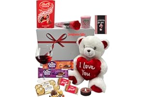 JOLAFUNBS Valentine Hamper Gifts Chocolate Gift Include Ferrero Rocher,Lindt Chocolates,Scented Candles Yankee Candle,Teddy Bear Love, Red Roses,&More- Anniversary,Mother Days,Birthday.