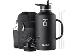 Trebo Stainless Steel Water Bottle 2L, Large Metal Bottle with Handle, Wide Mouth, Double Wall, Keeps Water Cold for 48 Hours, Black